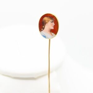 Antique guilloche enamel portrait stick pin 14 k gold
